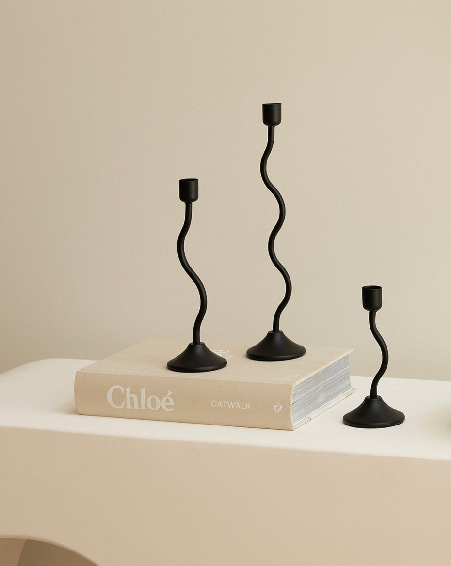 House of 9 Sienna Black Wavy Candle Holders Large, Medium, Small