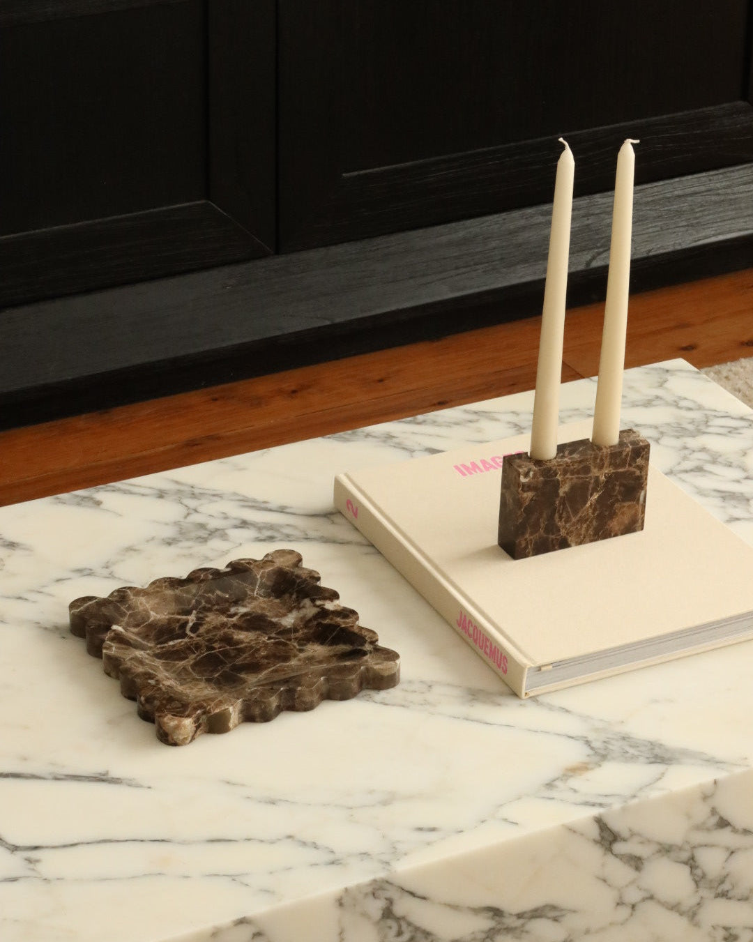 House of 9 Zander marble candle holder Iris scalloped marble tray emperador dark brown