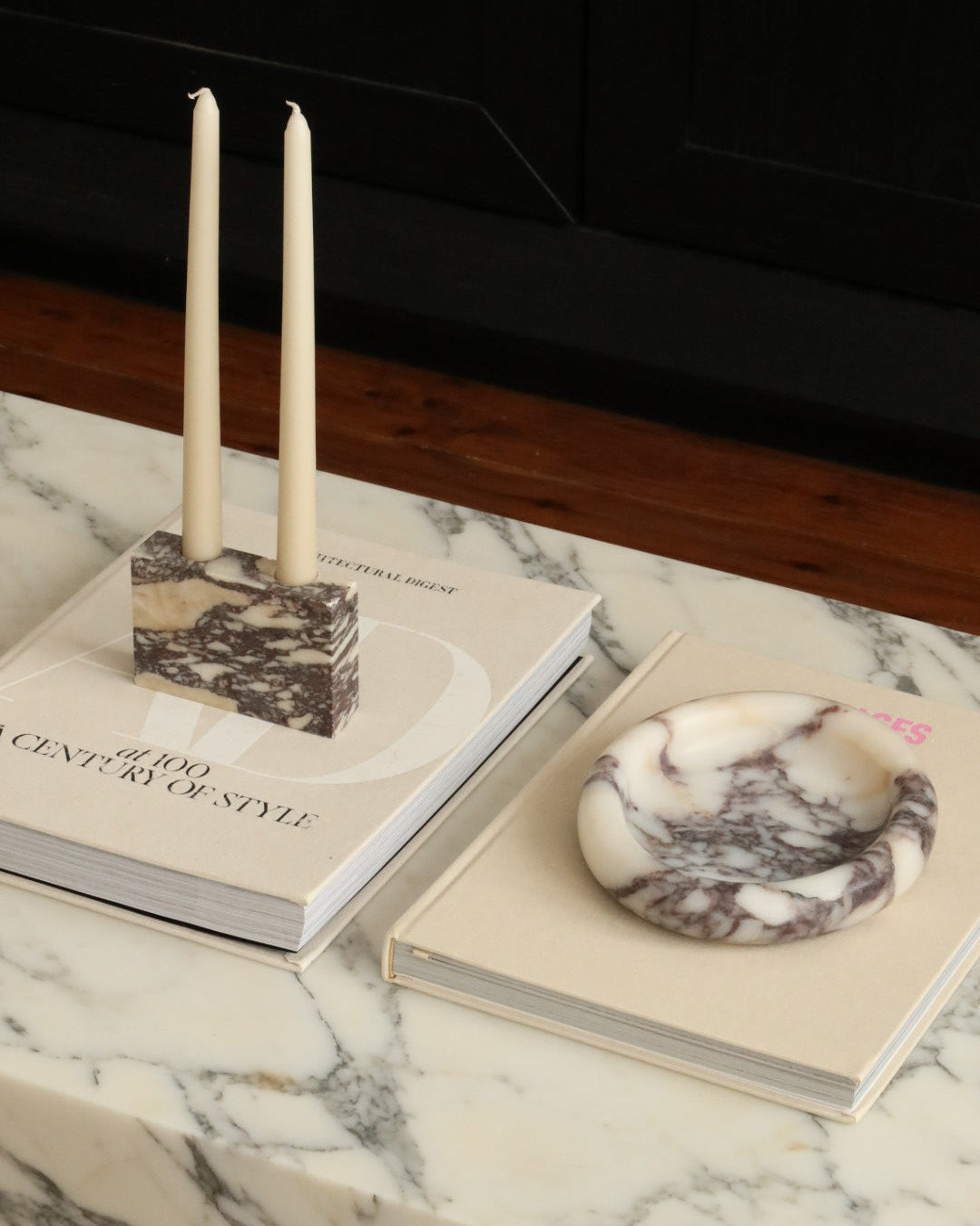 House of 9 Zander marble candle holder Marlo oval marble tray calacatta viola marble