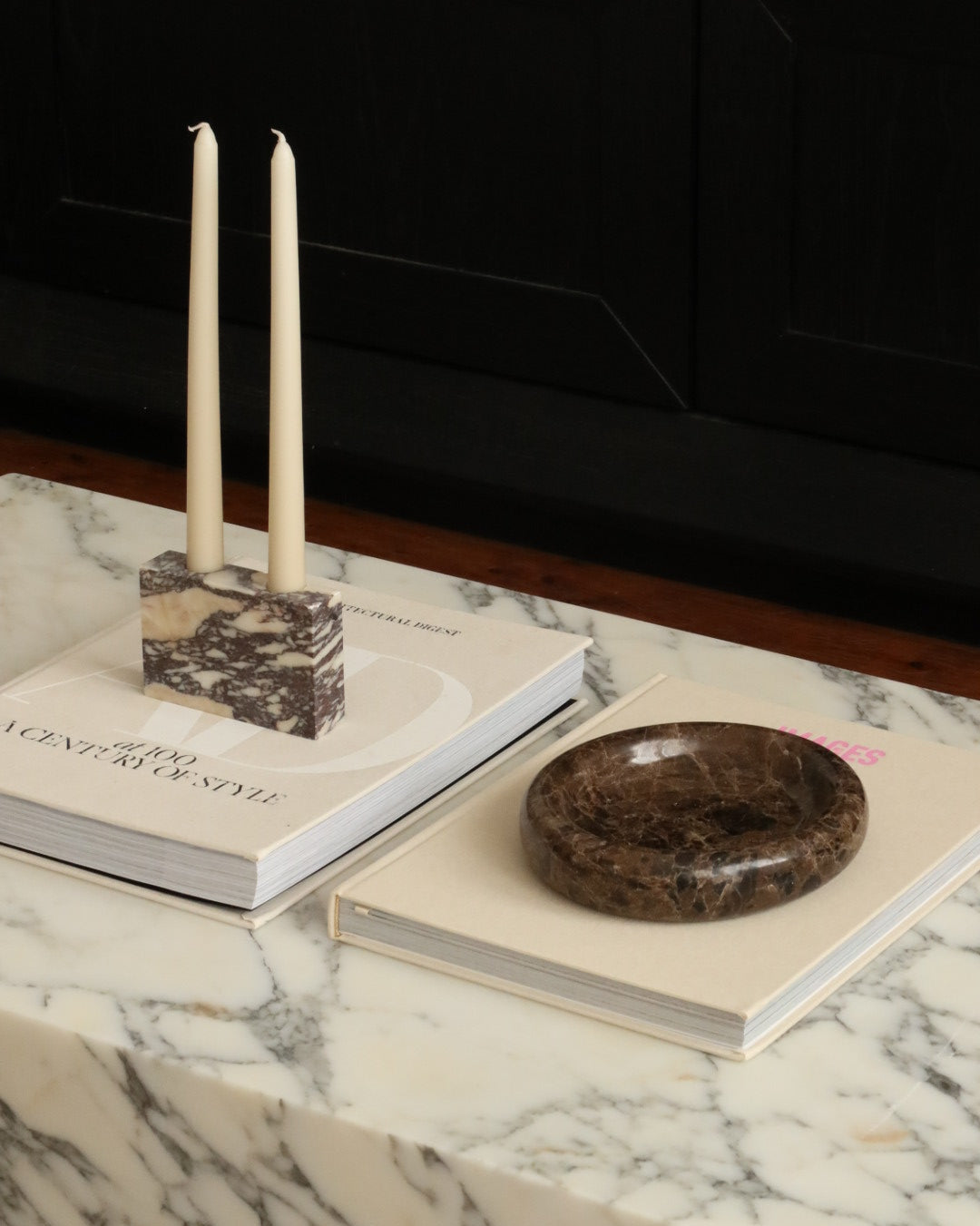 House of 9 Zander marble candle holder emperador dark brown Marlo oval marble tray calacatta viola marble