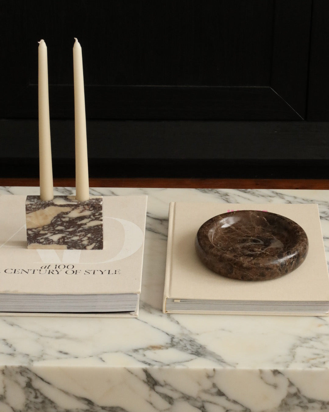 House of 9 Zander marble candle holder emperador dark brown Marlo oval marble tray calacatta viola marble