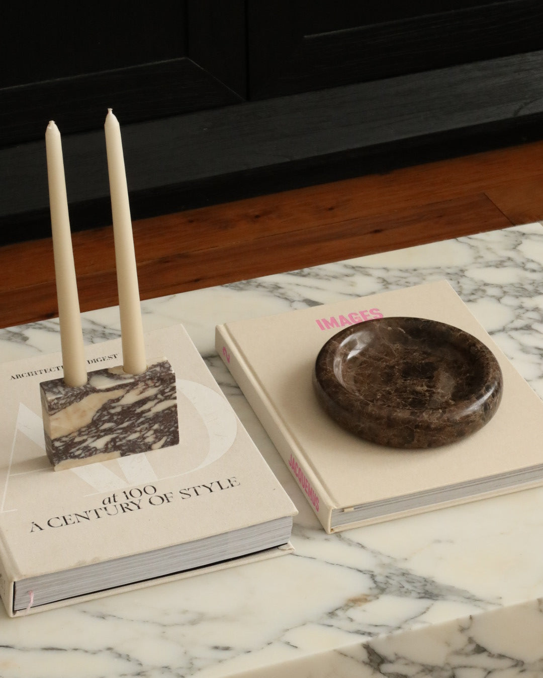 House of 9 Zander marble candle holder emperador dark brown Marlo oval marble tray calacatta viola marble