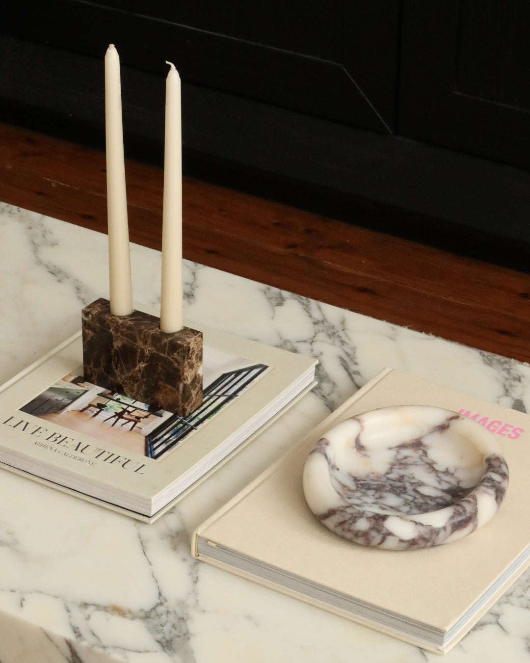 House of 9 Zander marble candle holder emperador dark brown Marlo oval marble tray calacatta viola