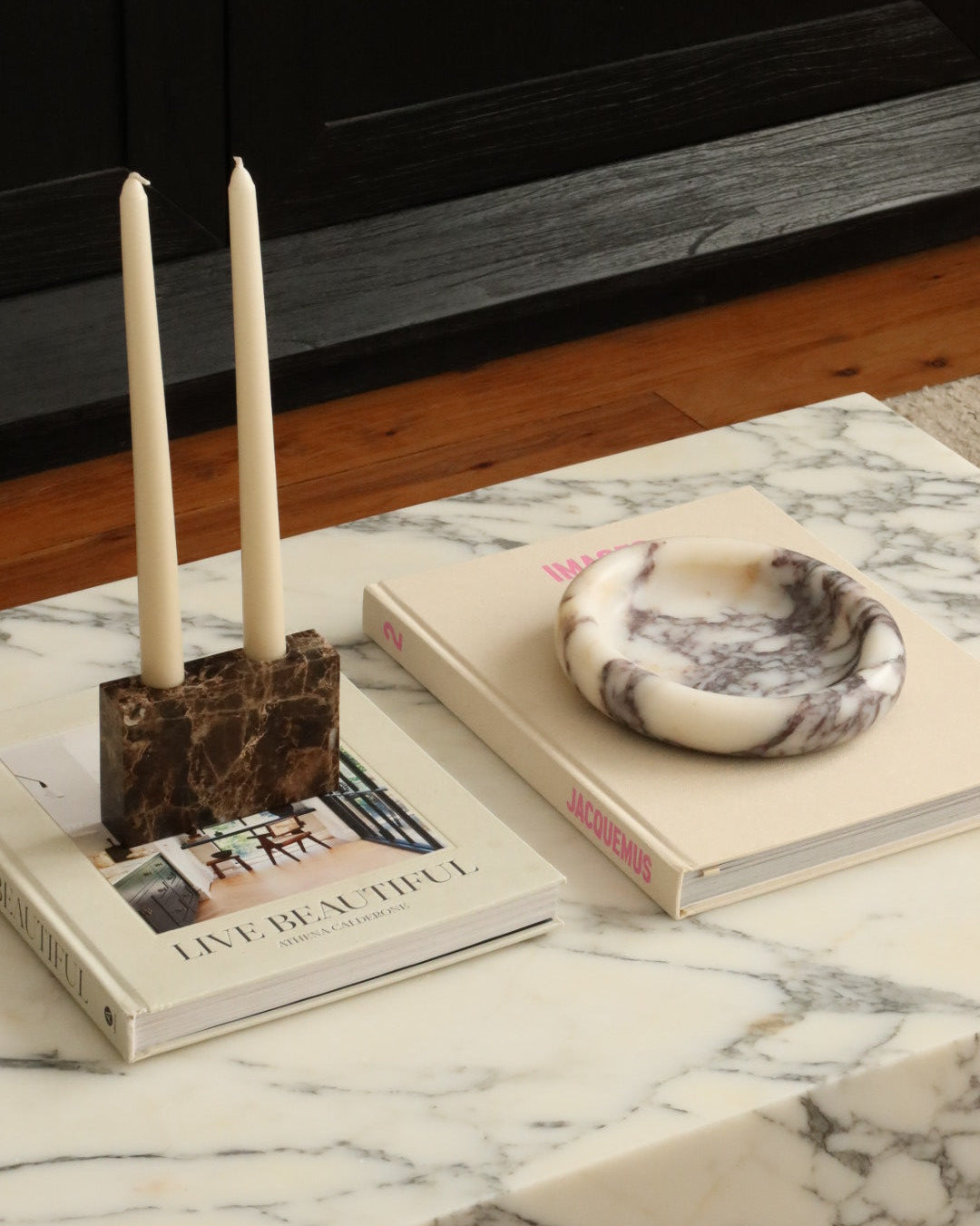 House of 9 Zander marble candle holder emperador dark brown Marlo oval marble tray calacatta viola