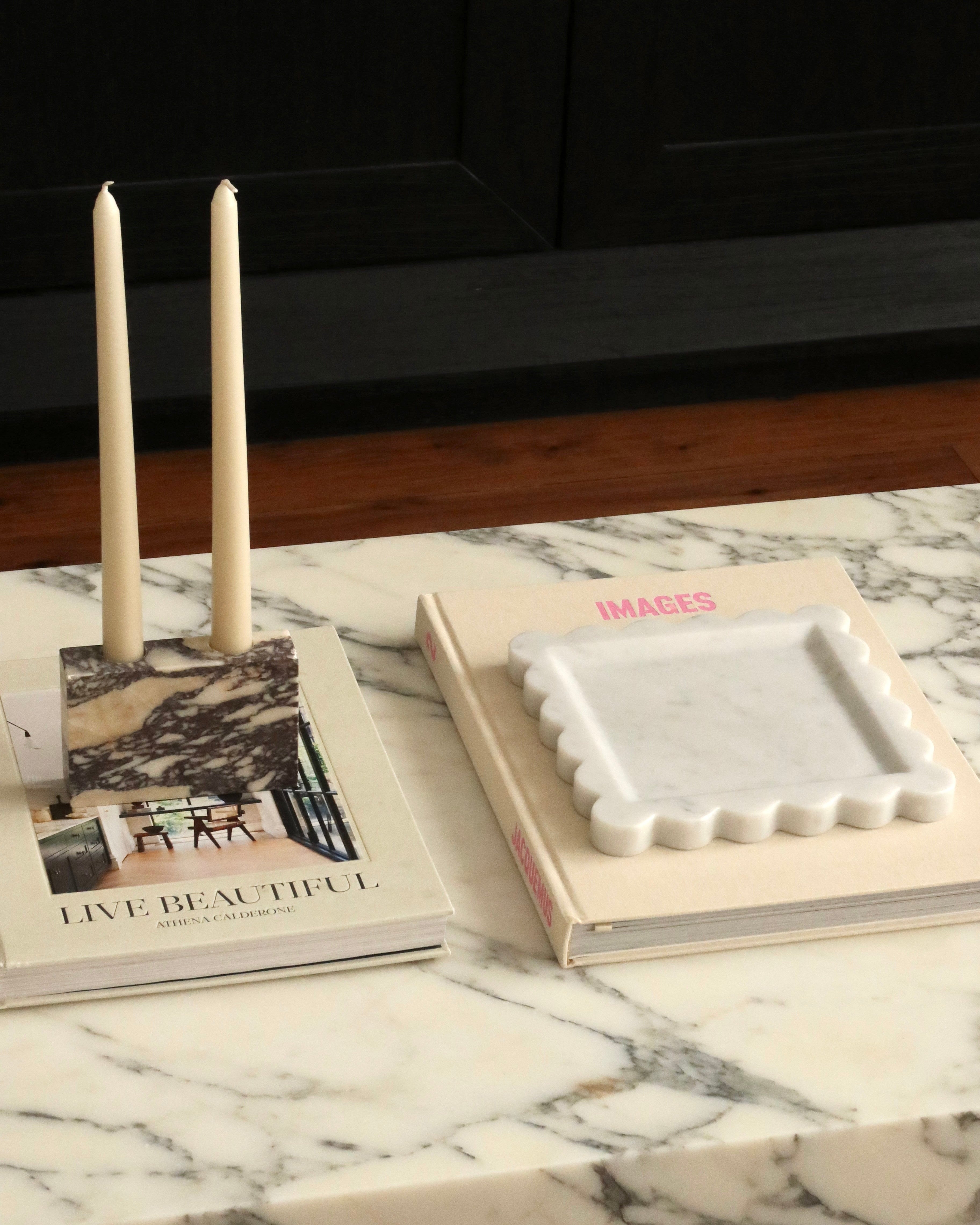 House of 9 Zander marble candle holder calacatta viola marble Iris scalloped marble tray carrara white marble