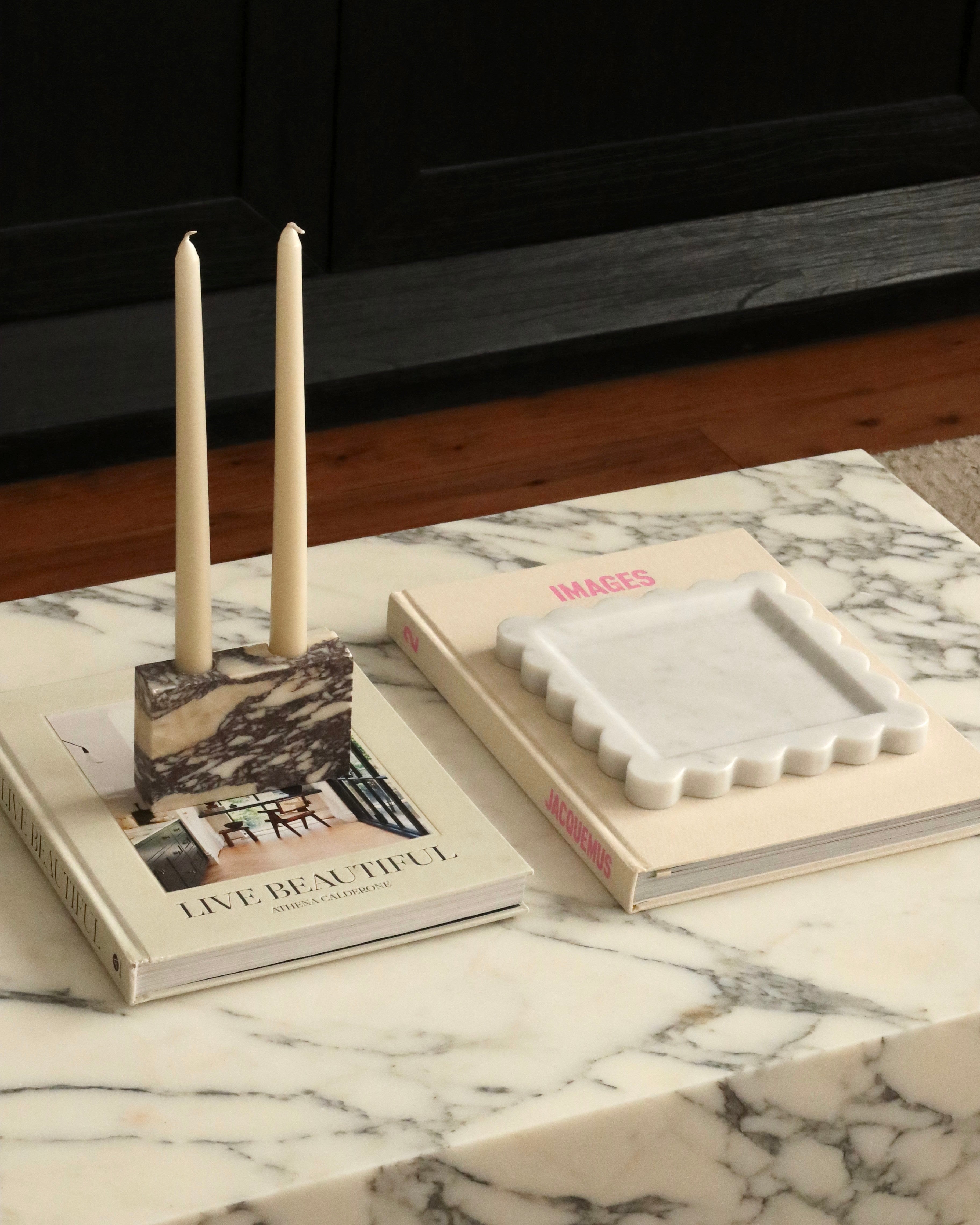 House of 9 Zander marble candle holder calacatta viola marble Iris scalloped marble tray carrara white marble