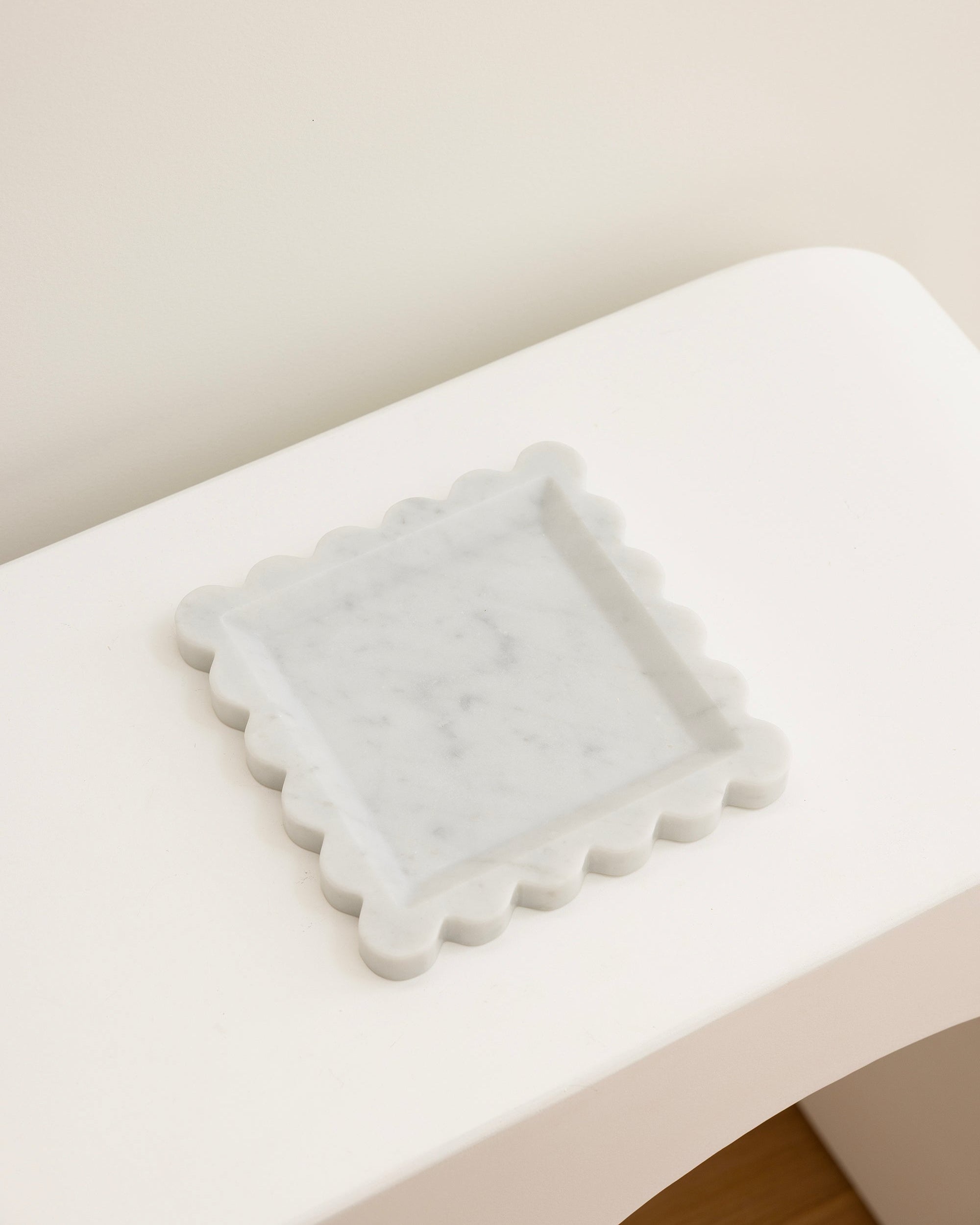 House of 9 Iris Scalloped Marble Square Decorative Tray Carrara White
