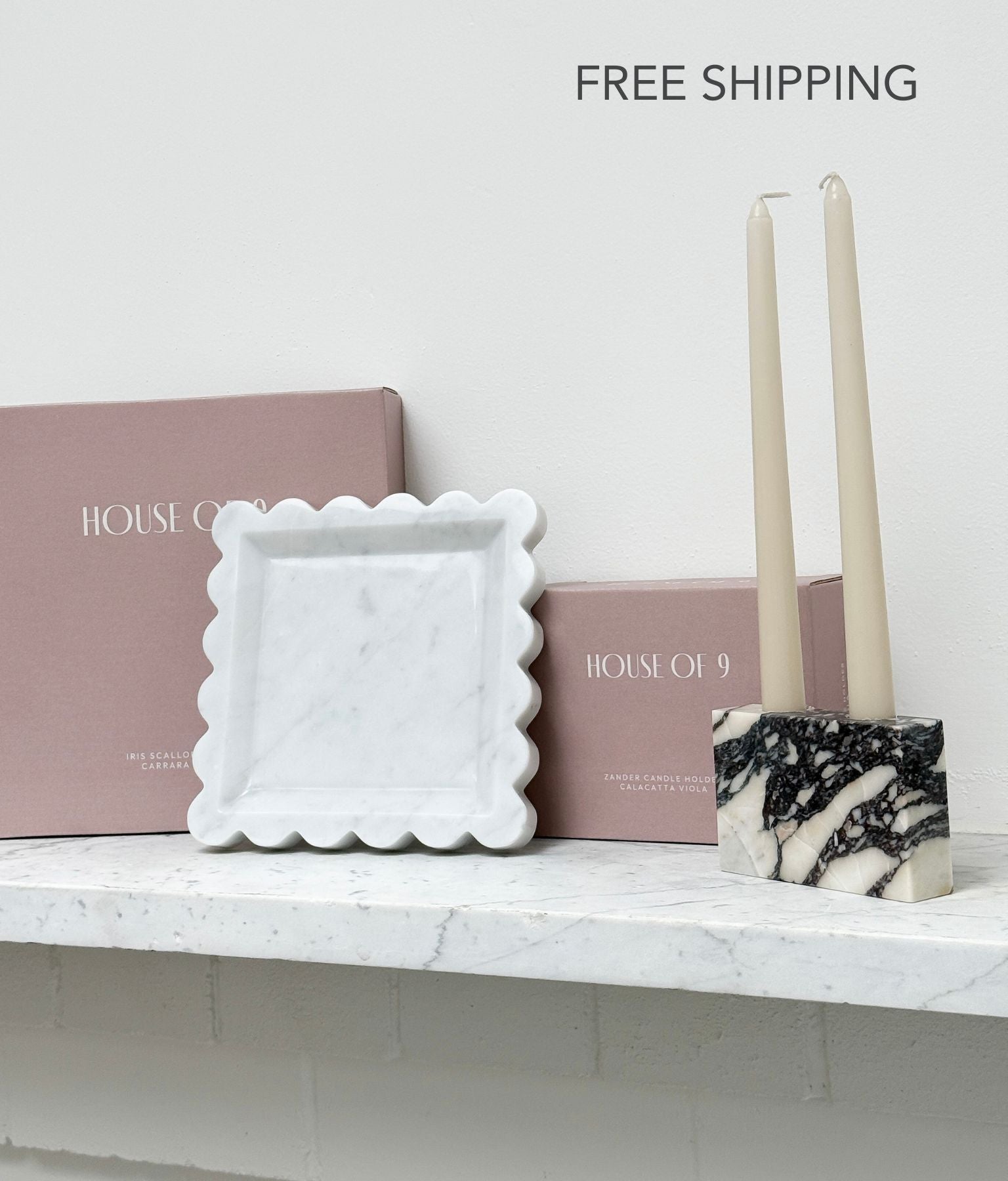 Iris Scalloped Carrara White Marble Tray and Zander Marble Candle Holder Calacatta Viola