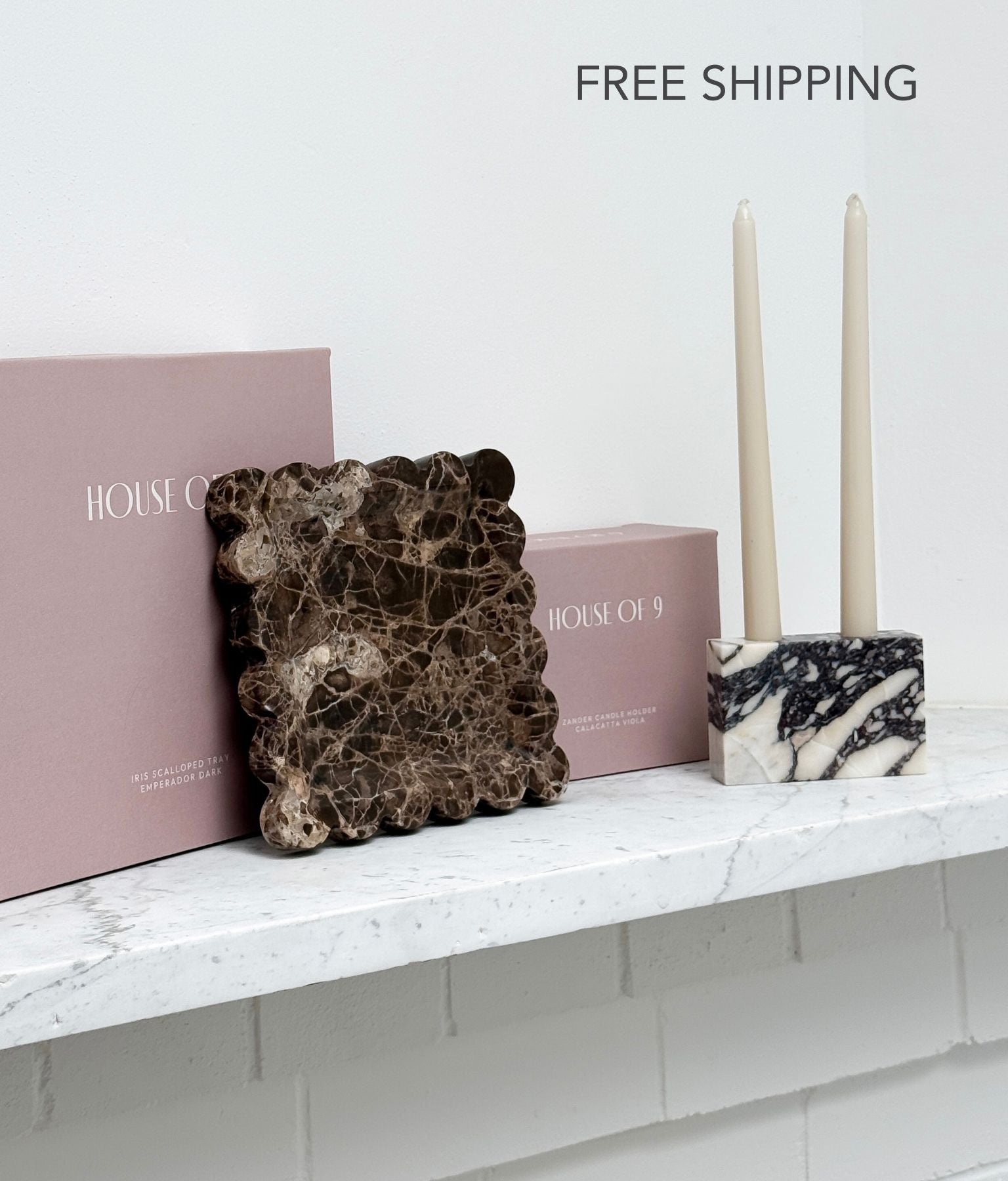 Iris Scalloped Emperador Dark Brown Marble Tray and Zander Marble Candle Holder Calacatta Viola