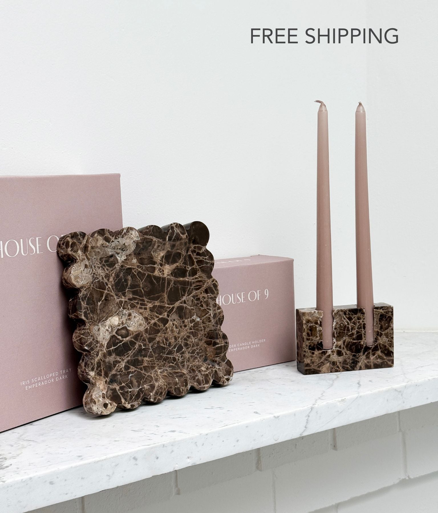 Iris Scalloped Emperador Dark Brown Marble Tray and Zander Marble Candle Holder