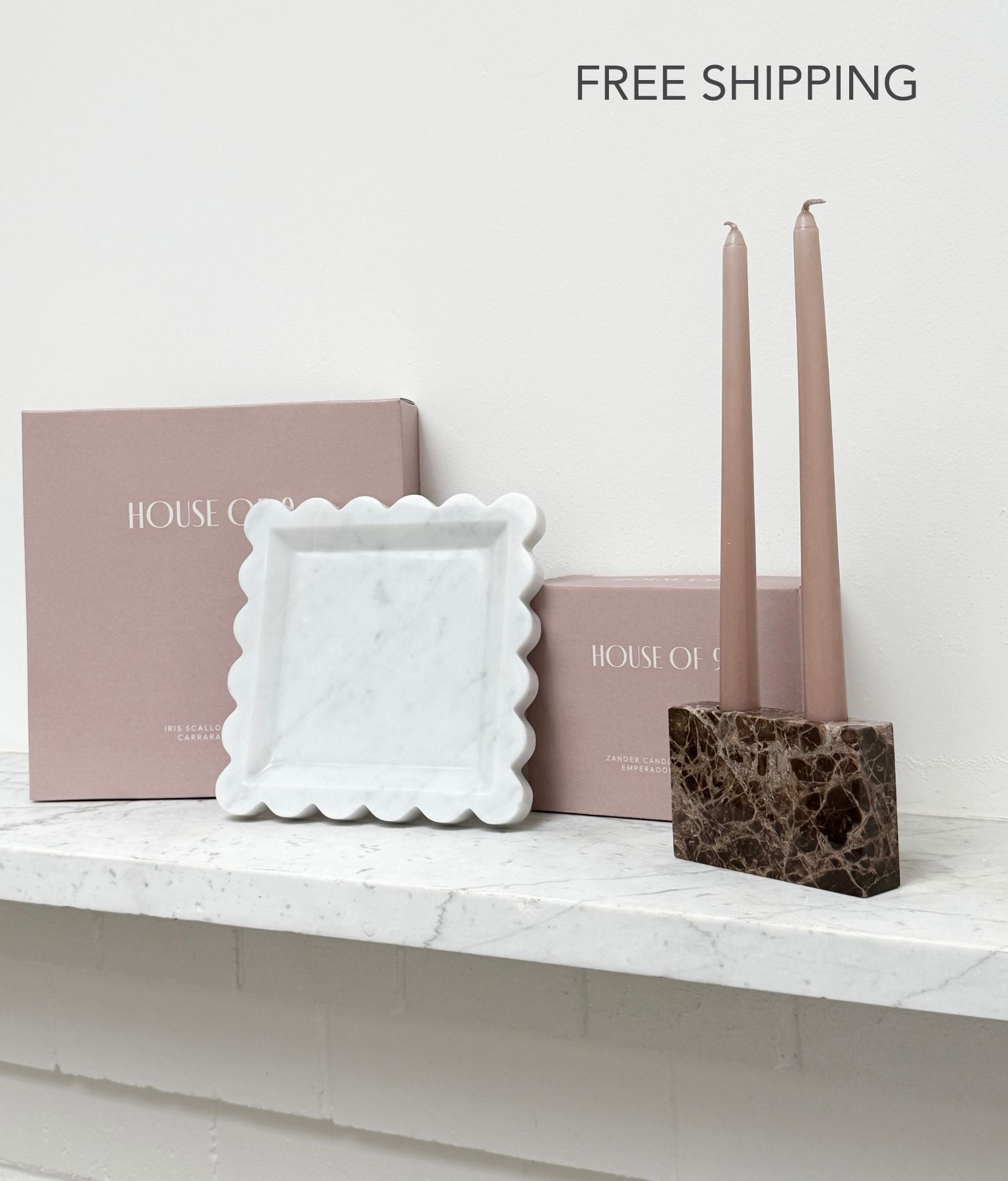 Iris Scalloped Carrara White Marble Tray and Zander Marble Candle Holder Emperador Dark Brown