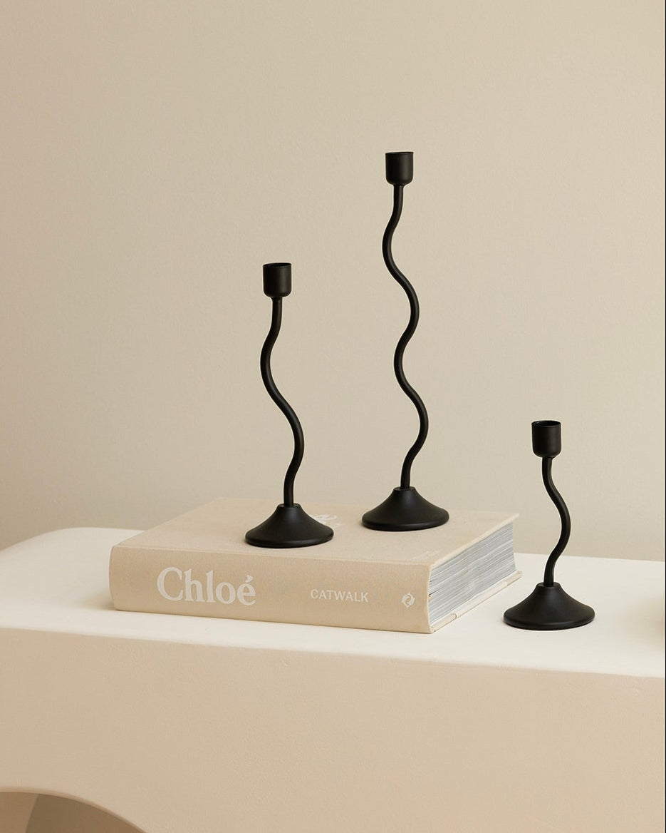 House of 9 Sienna Black Wavy Candle Holders Large, Medium, Small