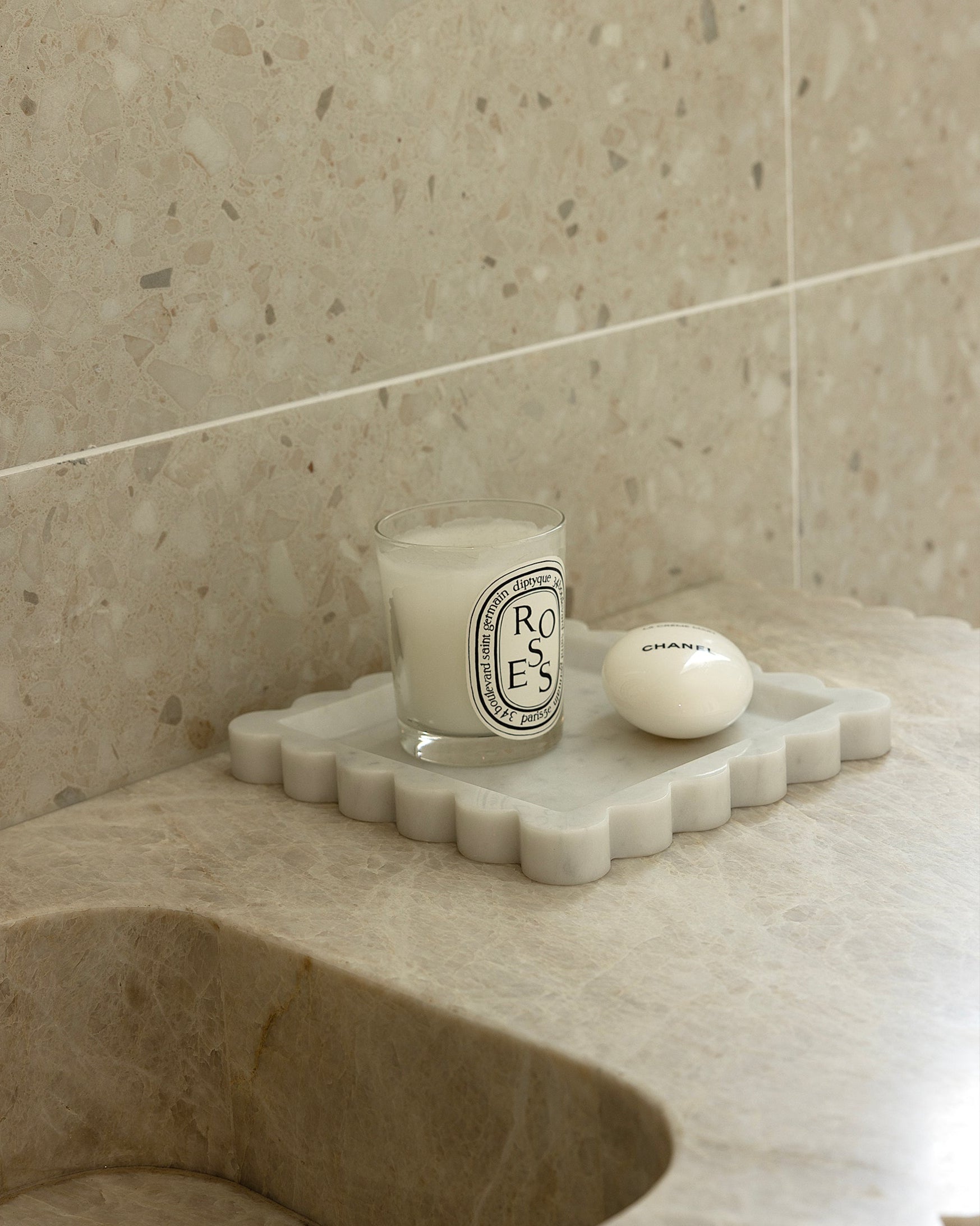 House of 9 Iris Scalloped Marble Square Decorative Tray Carrara White