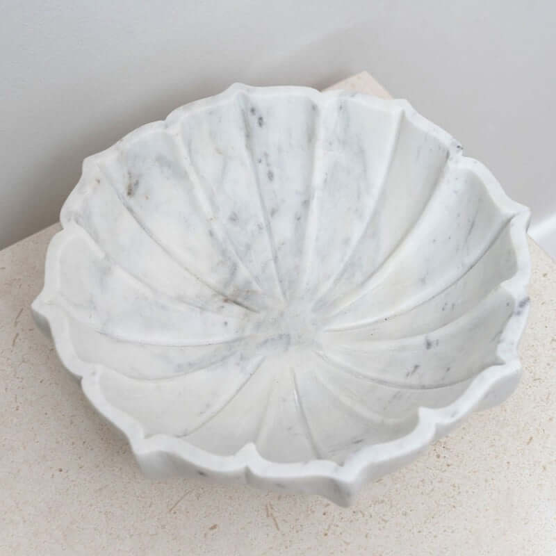 House of 9 Fiora Marble Bowl White, large marble fruit bowl, fluted marble bowl