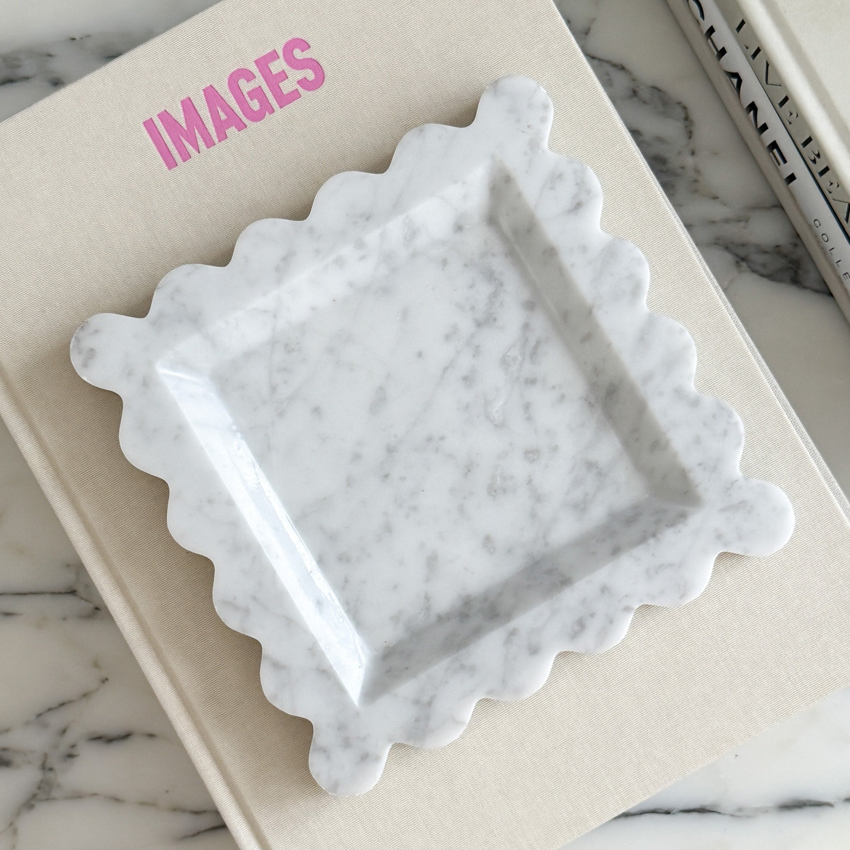 House of 9 Iris Scalloped Marble Square Decorative Tray Carrara White