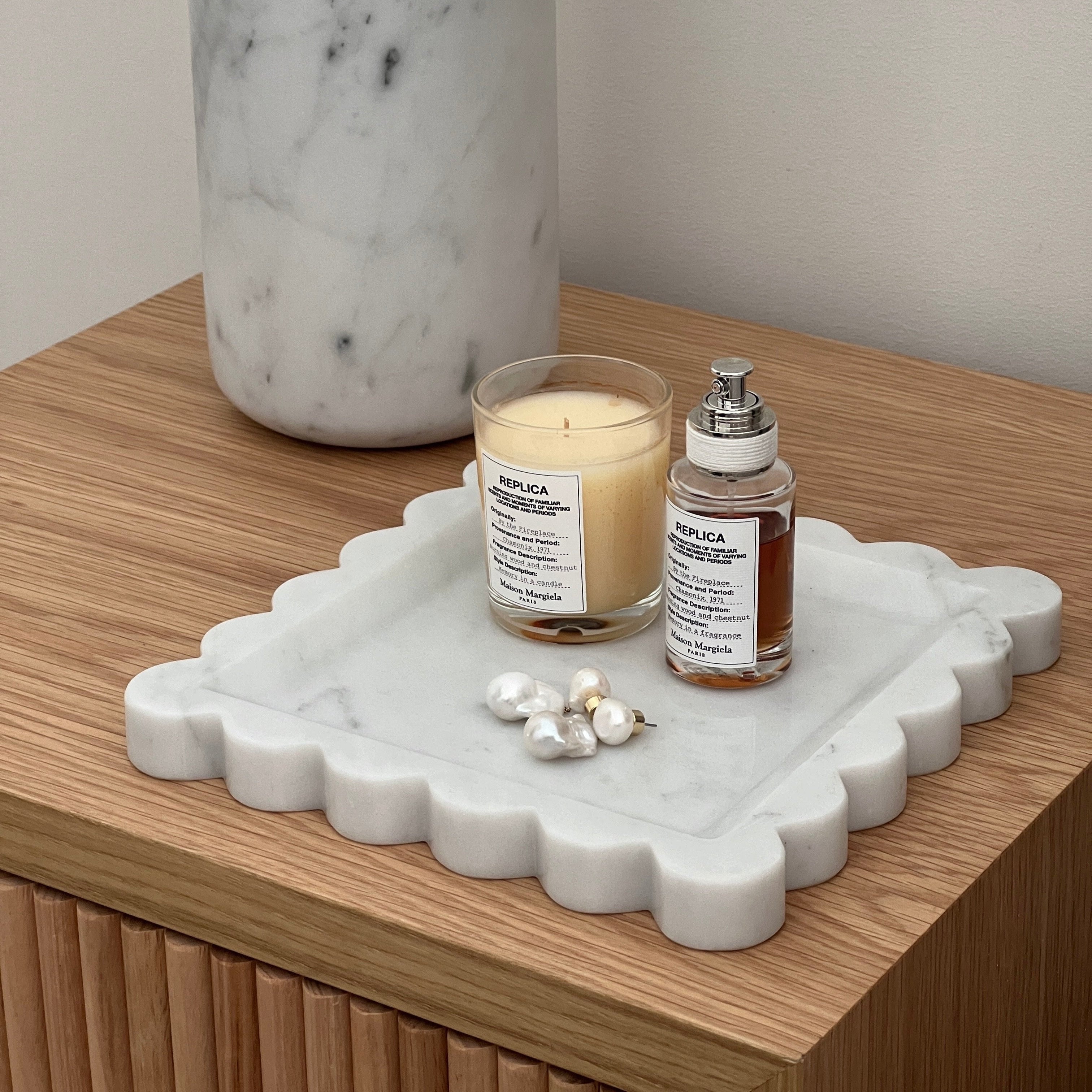 House of 9 Iris Scalloped Marble Square Decorative Tray Carrara White