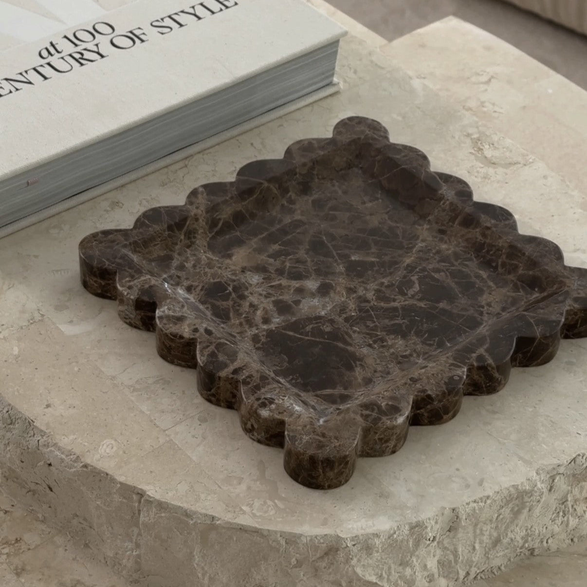House of 9 Iris Scalloped Marble Square Decorative Tray emperador dark brown marble