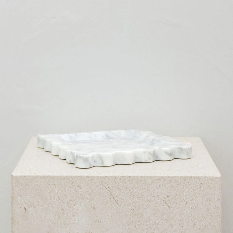 House of 9 Iris Scalloped Marble Square Decorative Tray Carrara White