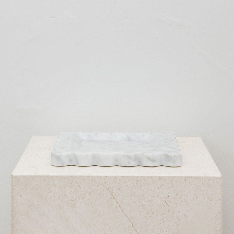 House of 9 Iris Scalloped Marble Square Decorative Tray Carrara White