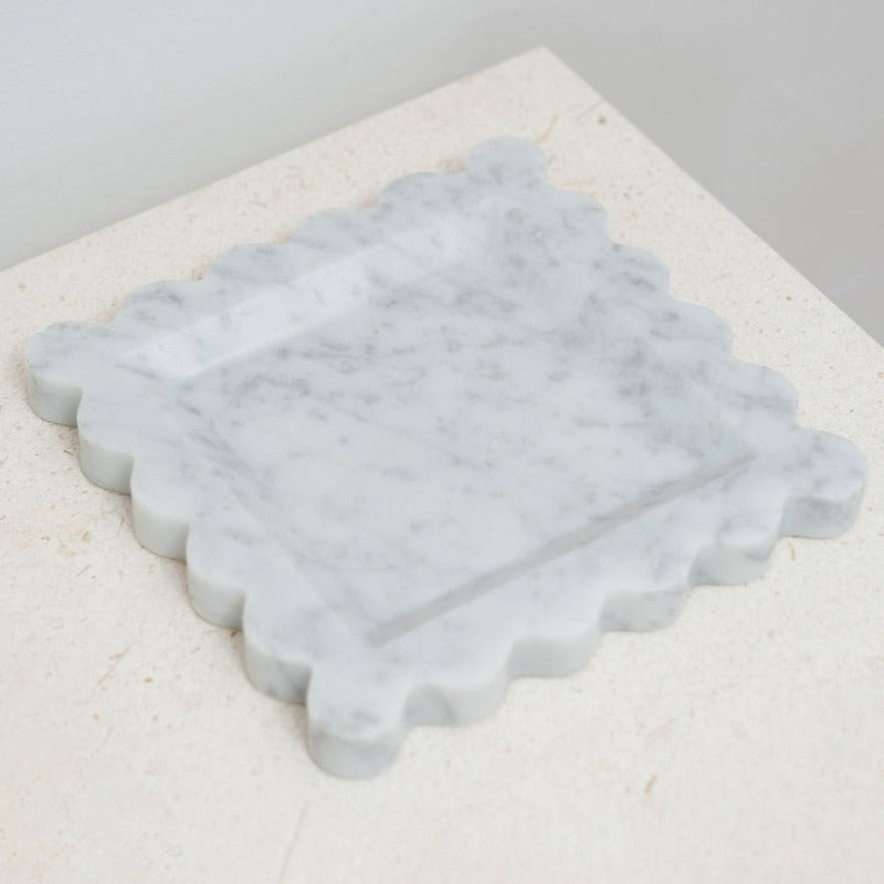 House of 9 Iris Scalloped Marble Square Decorative Tray Carrara White