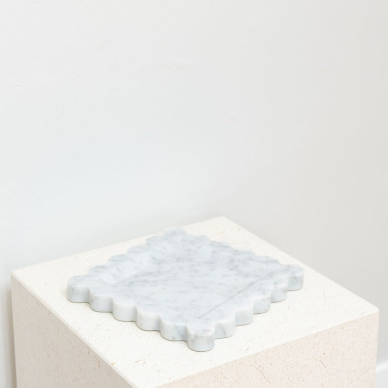 House of 9 Iris Scalloped Marble Square Decorative Tray Carrara White