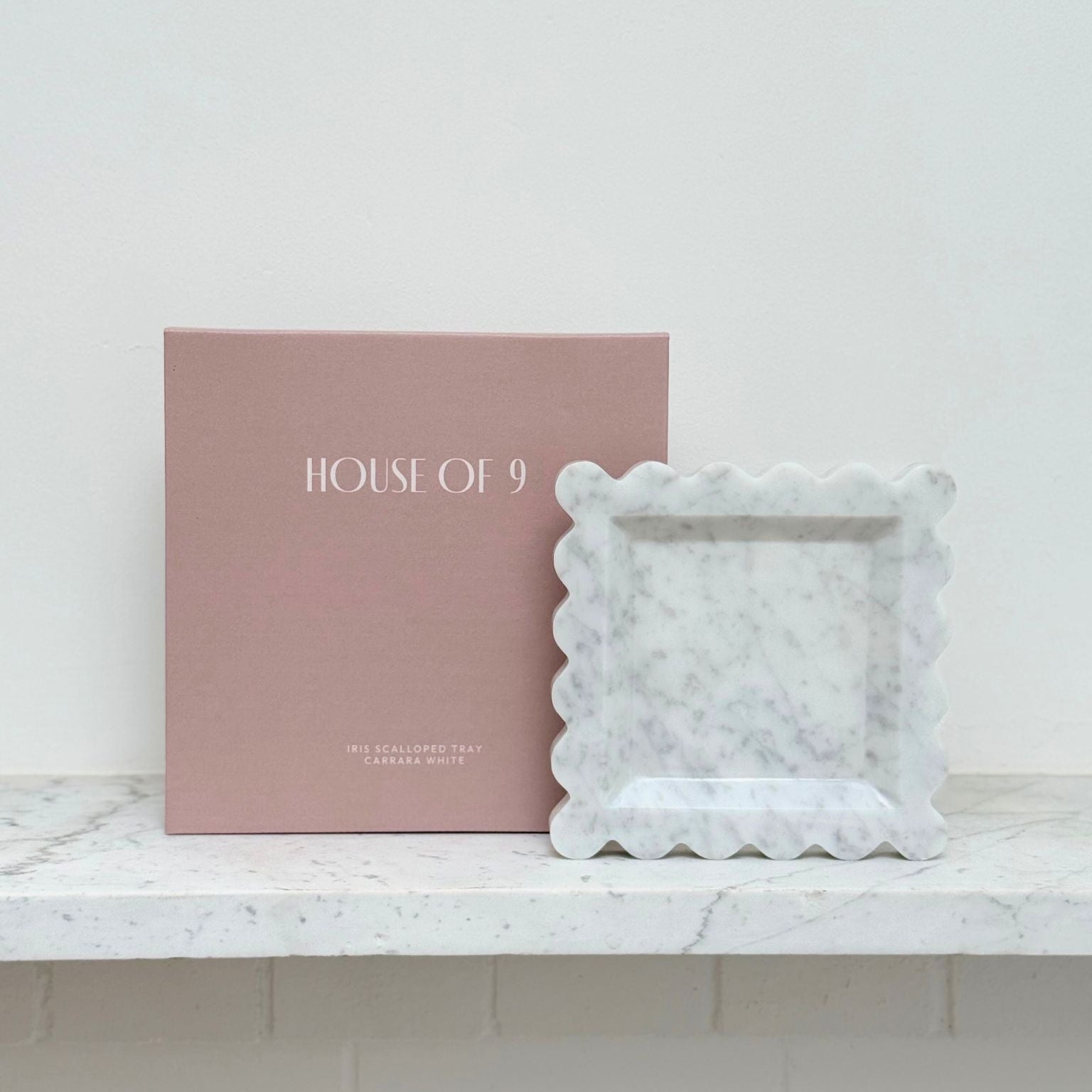House of 9 Iris Scalloped Marble Square Decorative Tray Carrara White