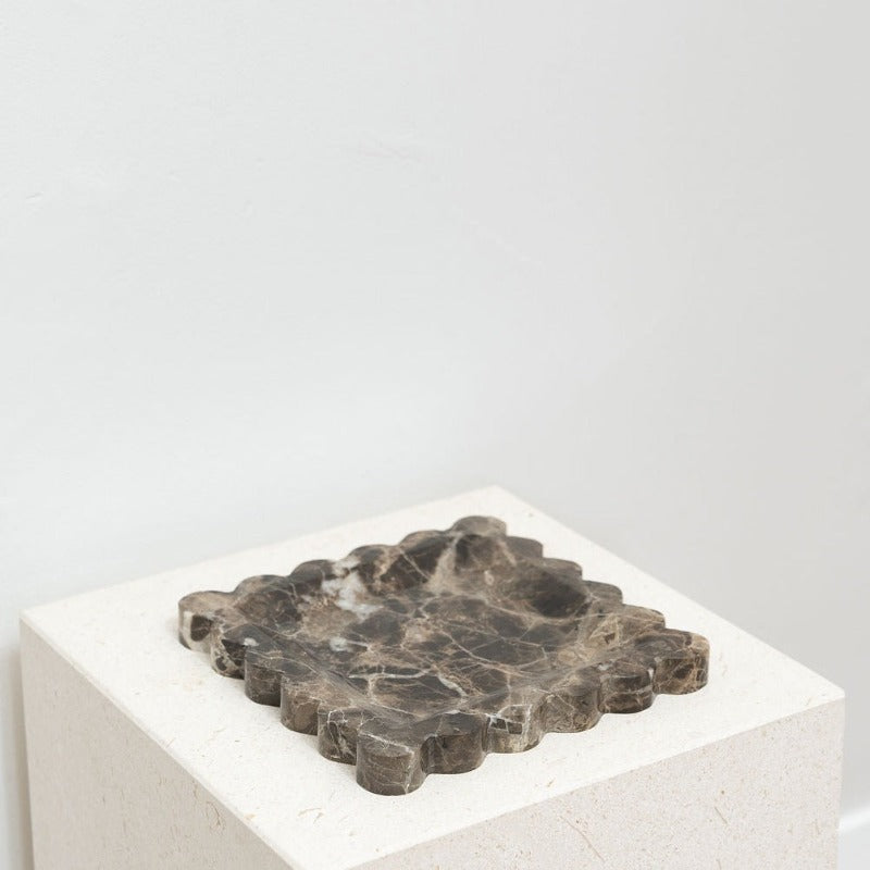 House of 9 Iris Scalloped Marble Square Decorative Tray emperador dark brown marble