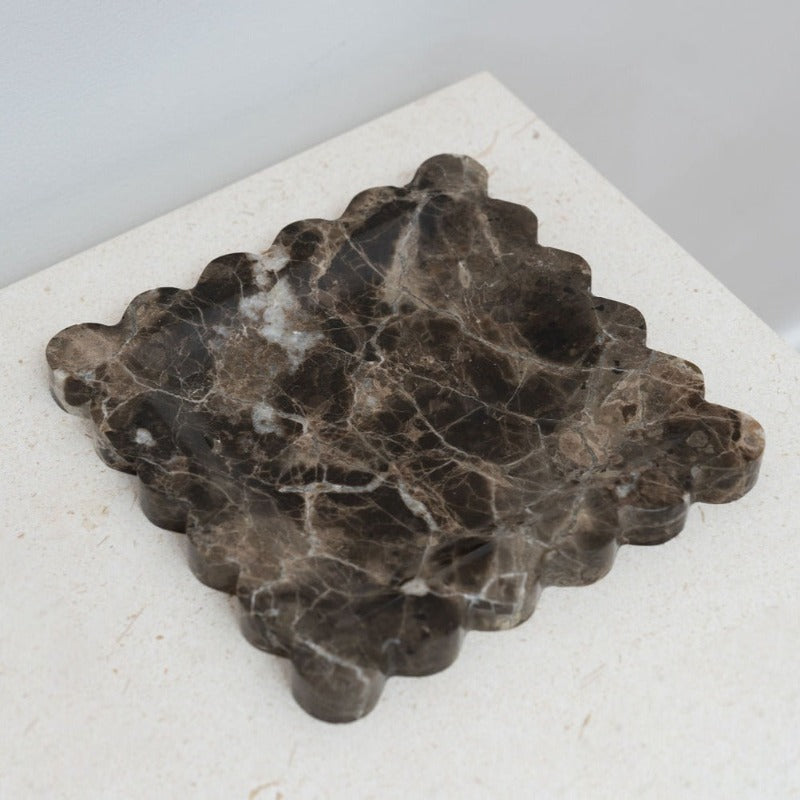 House of 9 Iris Scalloped Marble Square Decorative Tray emperador dark brown marble