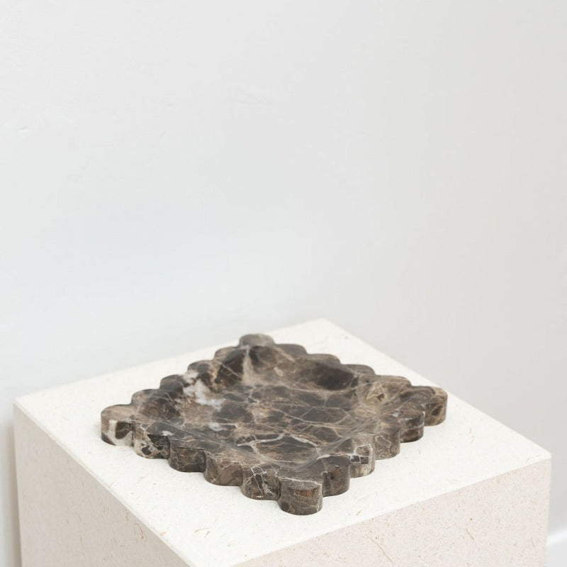 House of 9 Iris Scalloped Marble Square Decorative Tray emperador dark brown marble