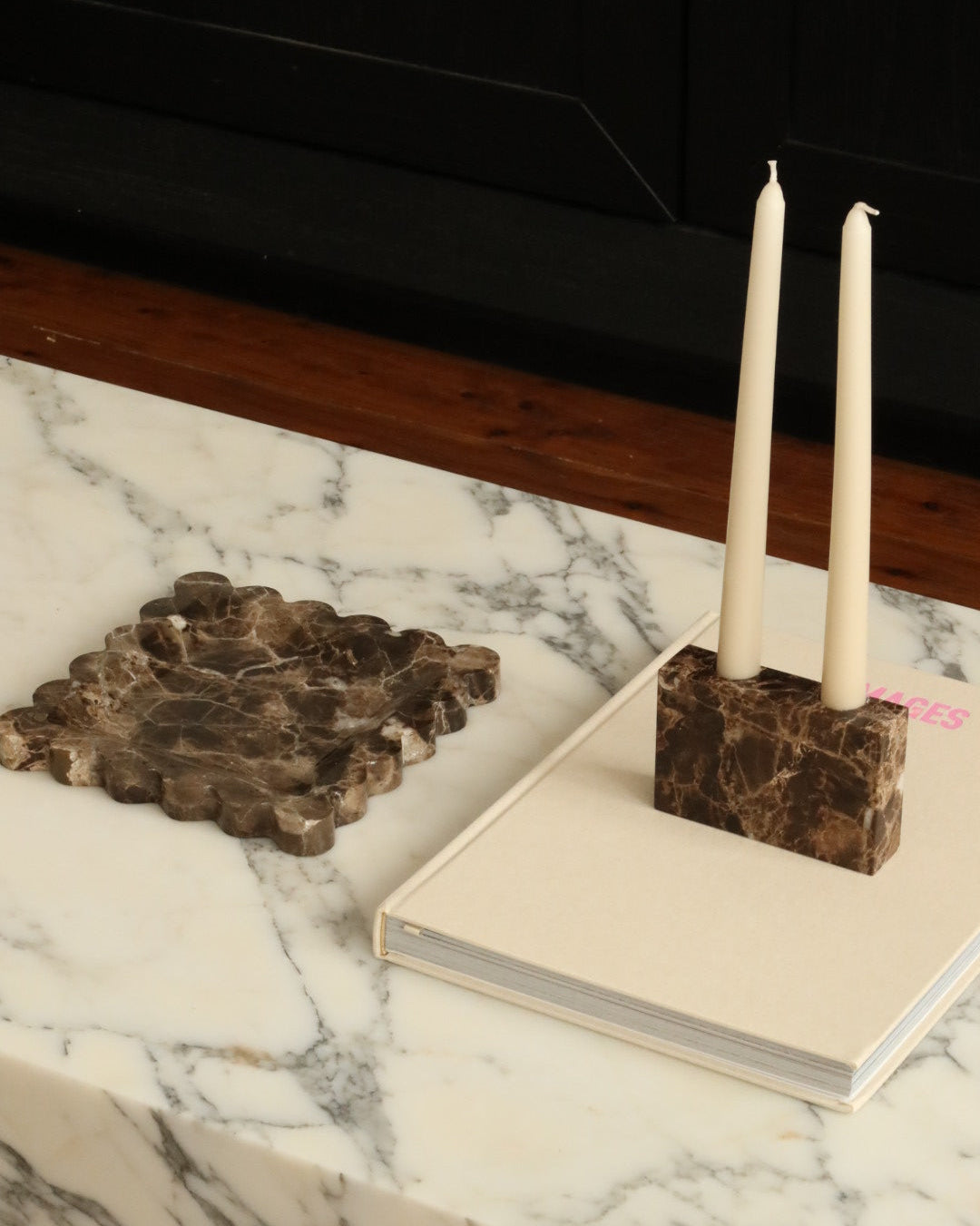 House of 9 Zander marble candle holder Iris scalloped marble tray emperador dark brown