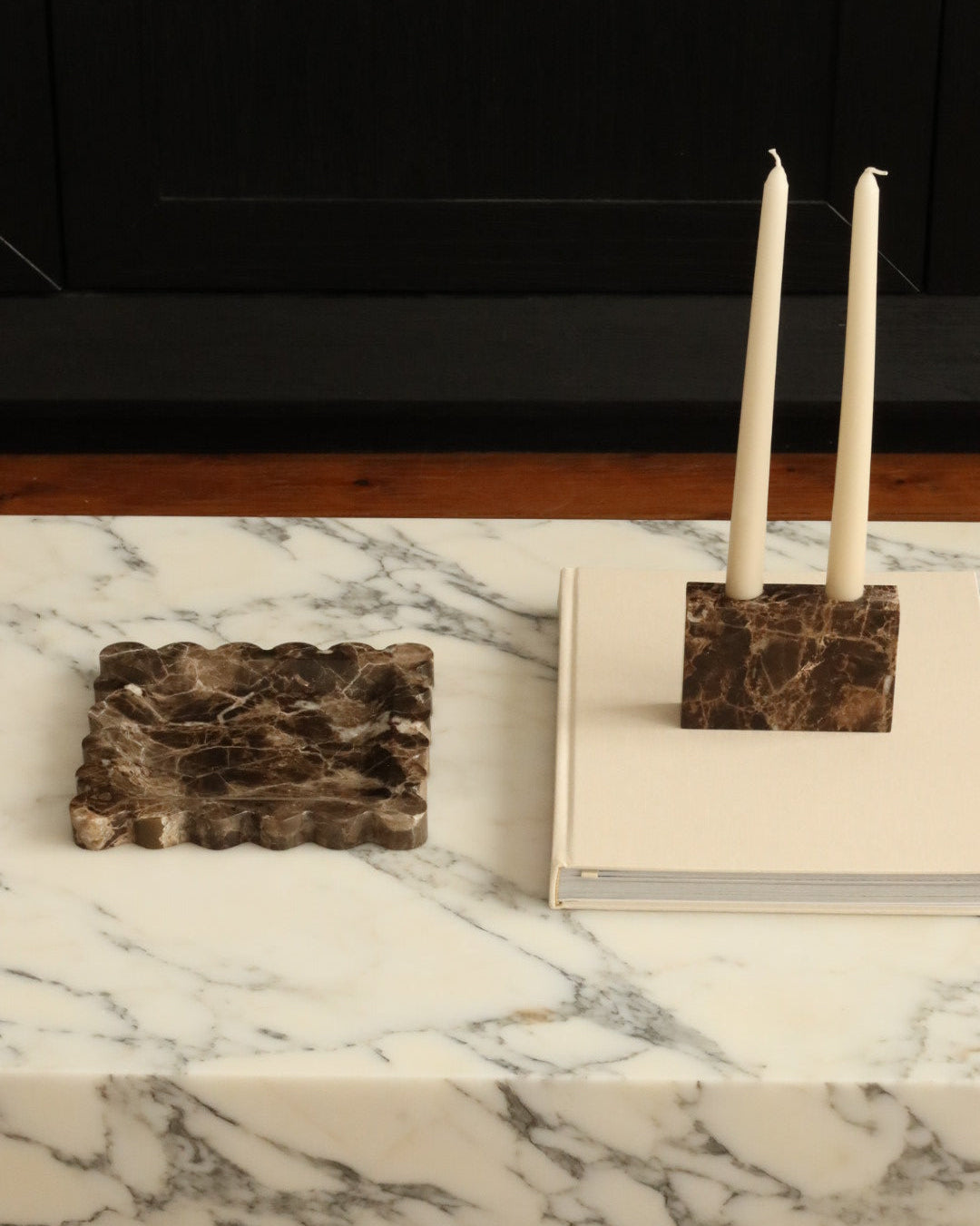 House of 9 Zander marble candle holder Iris scalloped marble tray emperador dark brown