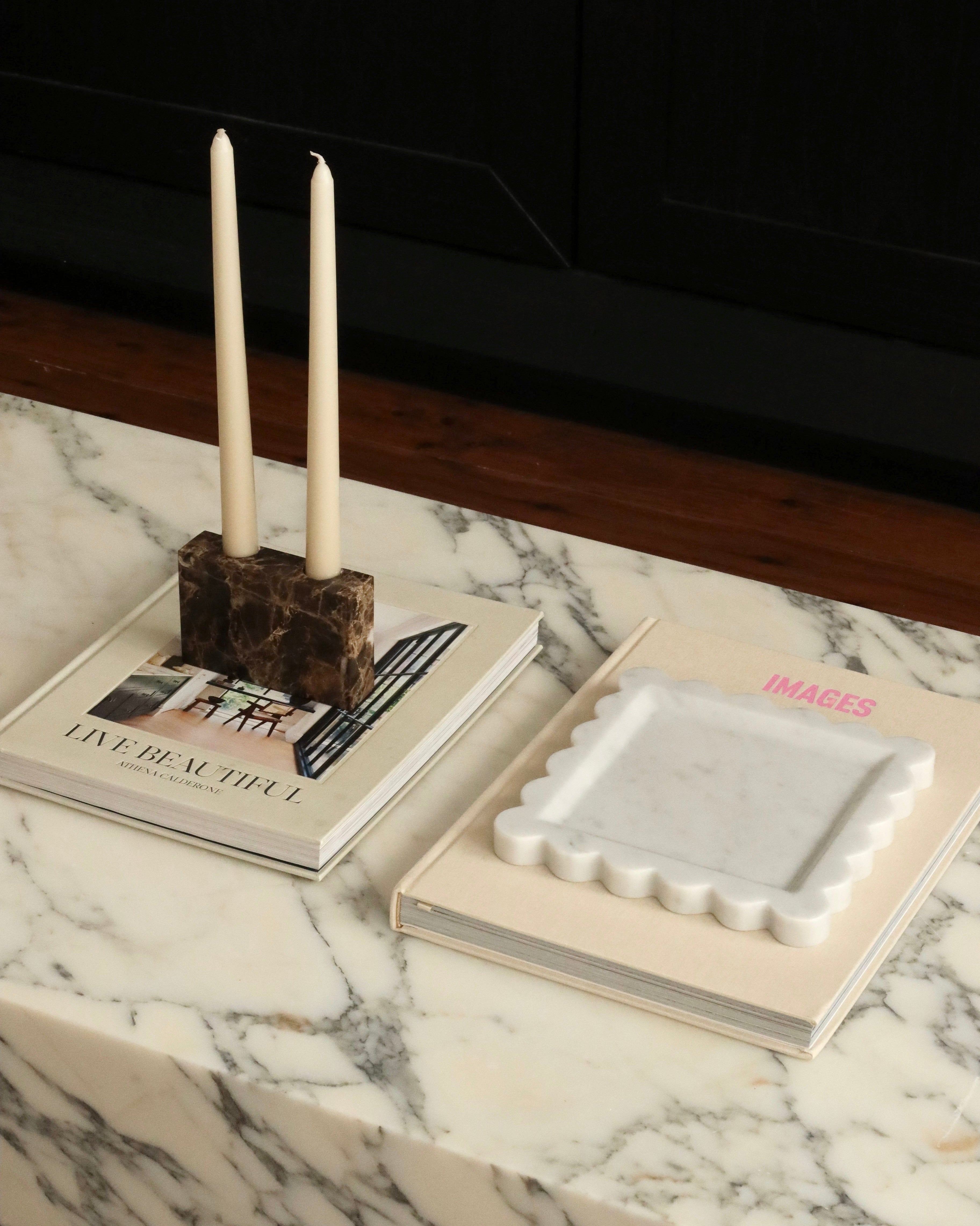 House of 9 Zander marble candle holder emperador dark brown Iris scalloped marble tray carrara white marble