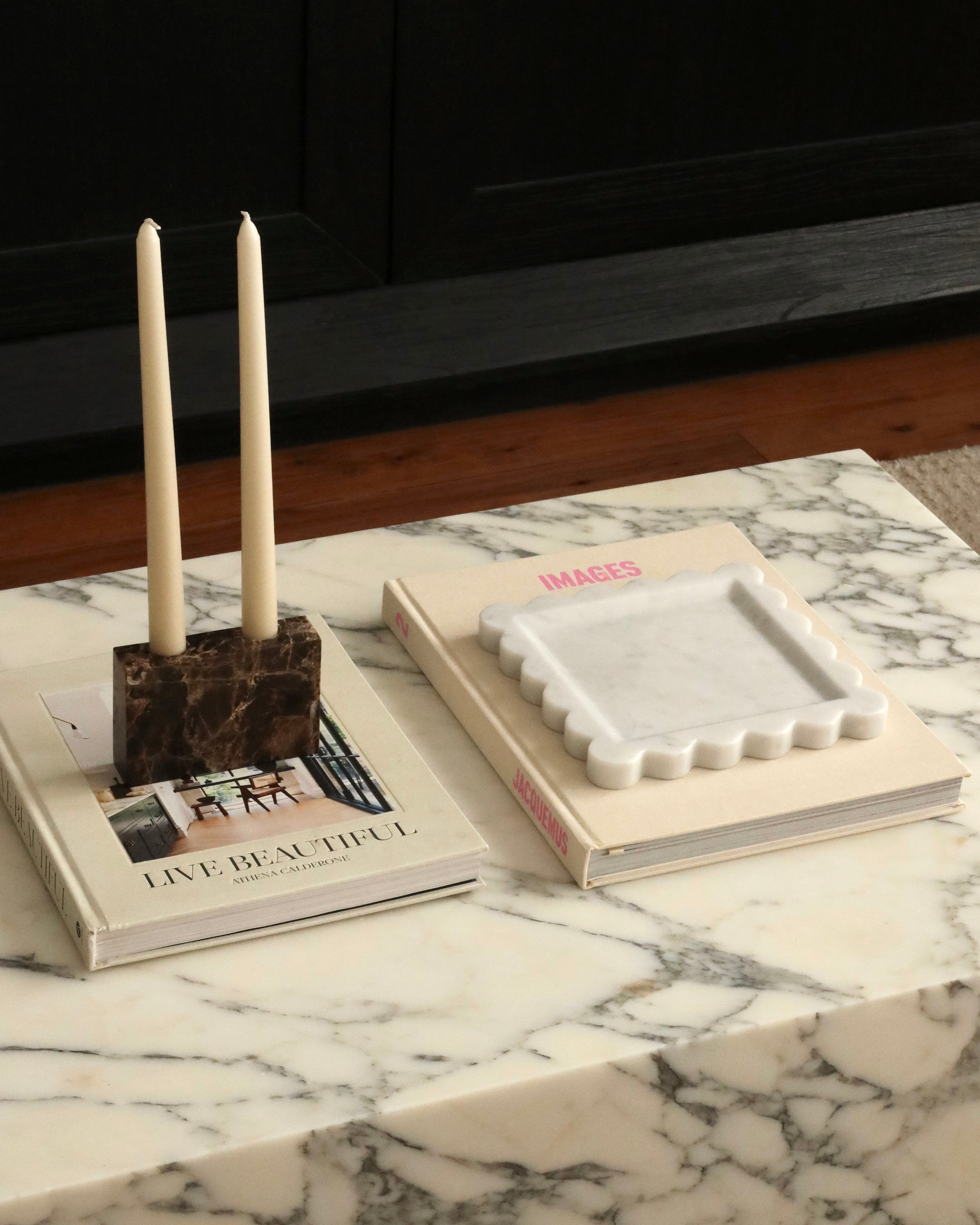 House of 9 Zander marble candle holder emperador dark brown Iris scalloped marble tray carrara white marble