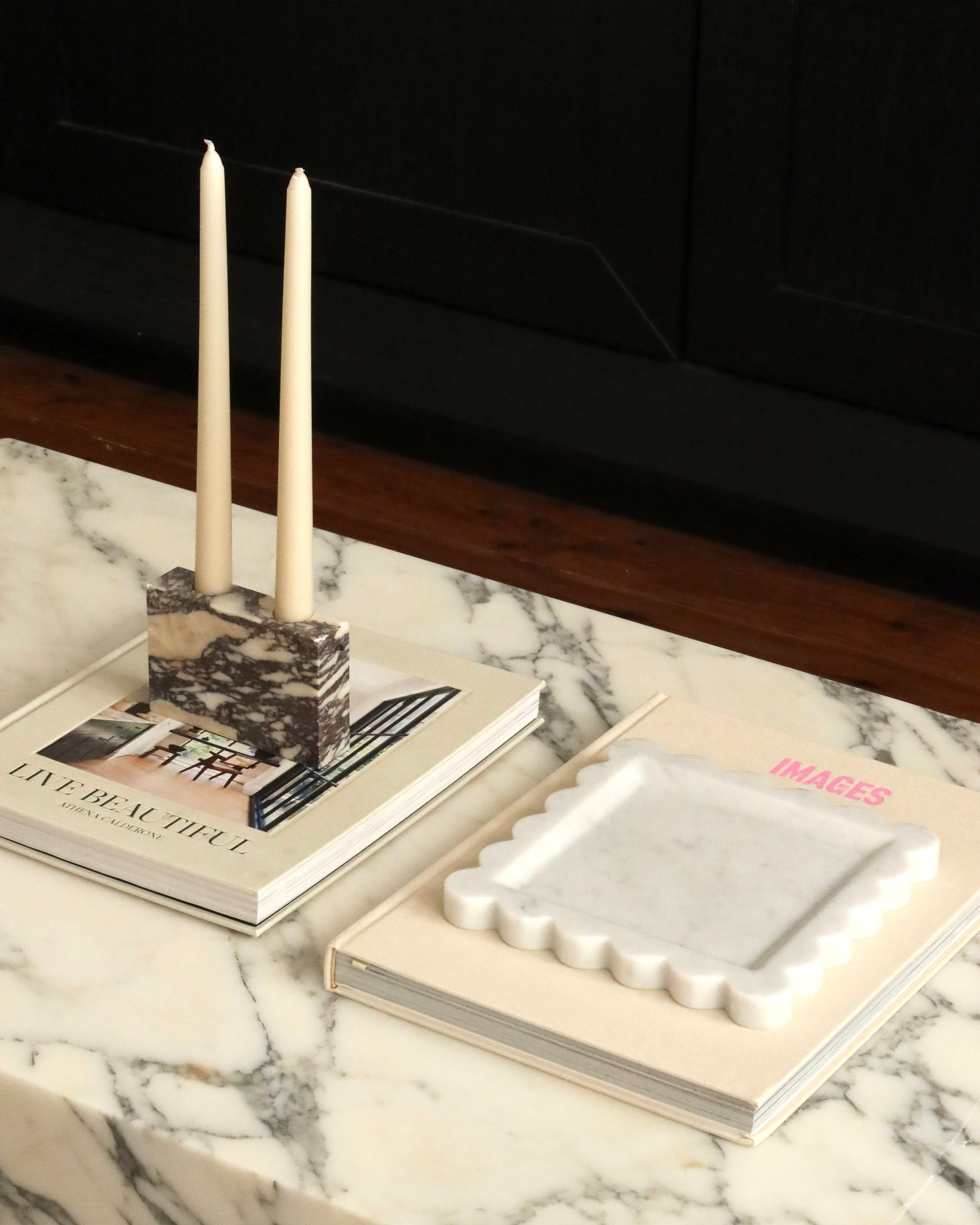 House of 9 Zander marble candle holder calacatta viola marble Iris scalloped marble tray carrara white marble