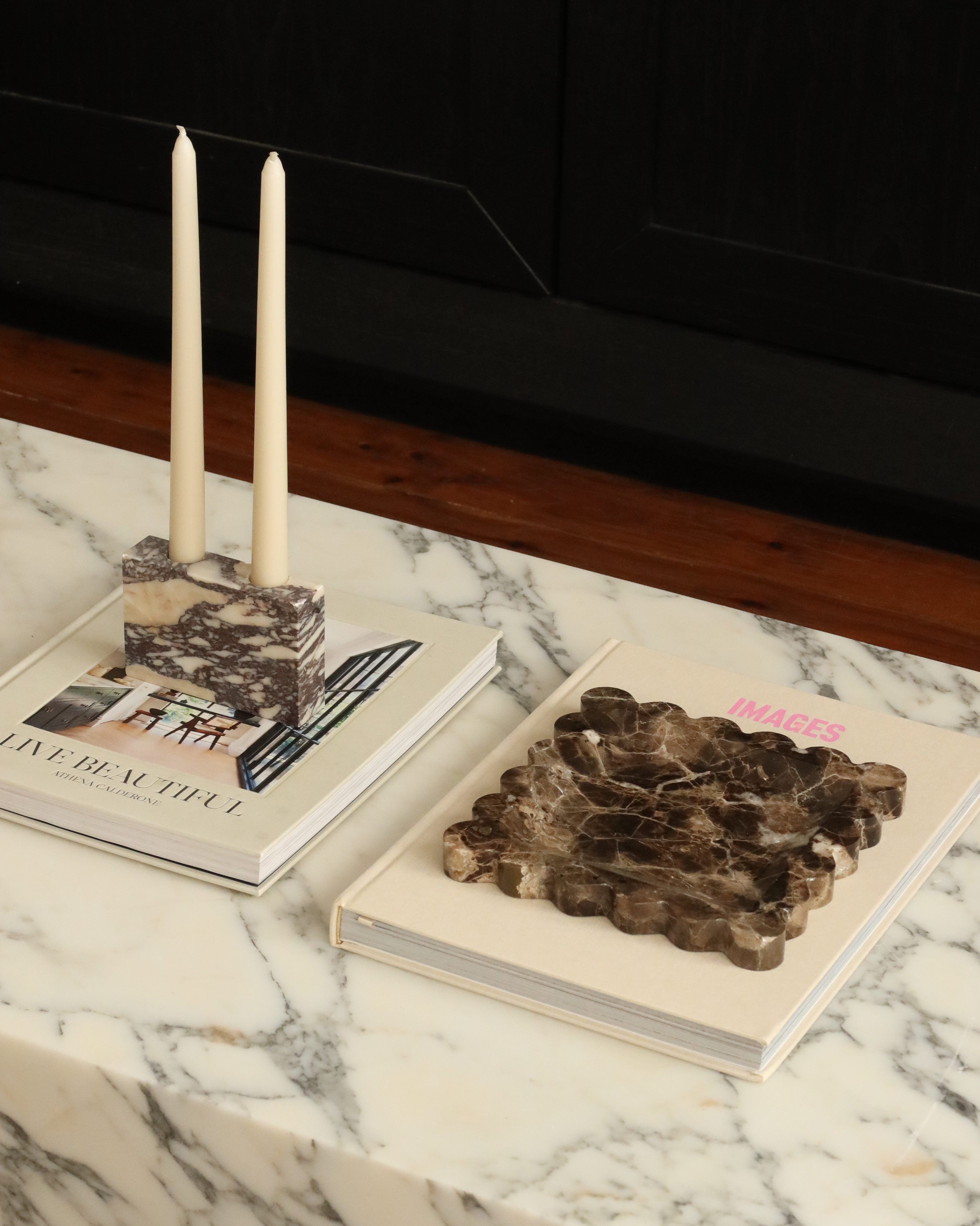 House of 9 Iris Scalloped Emperador Dark Brown Marble Tray and Zander Marble Candle Holder Calacatta Viola