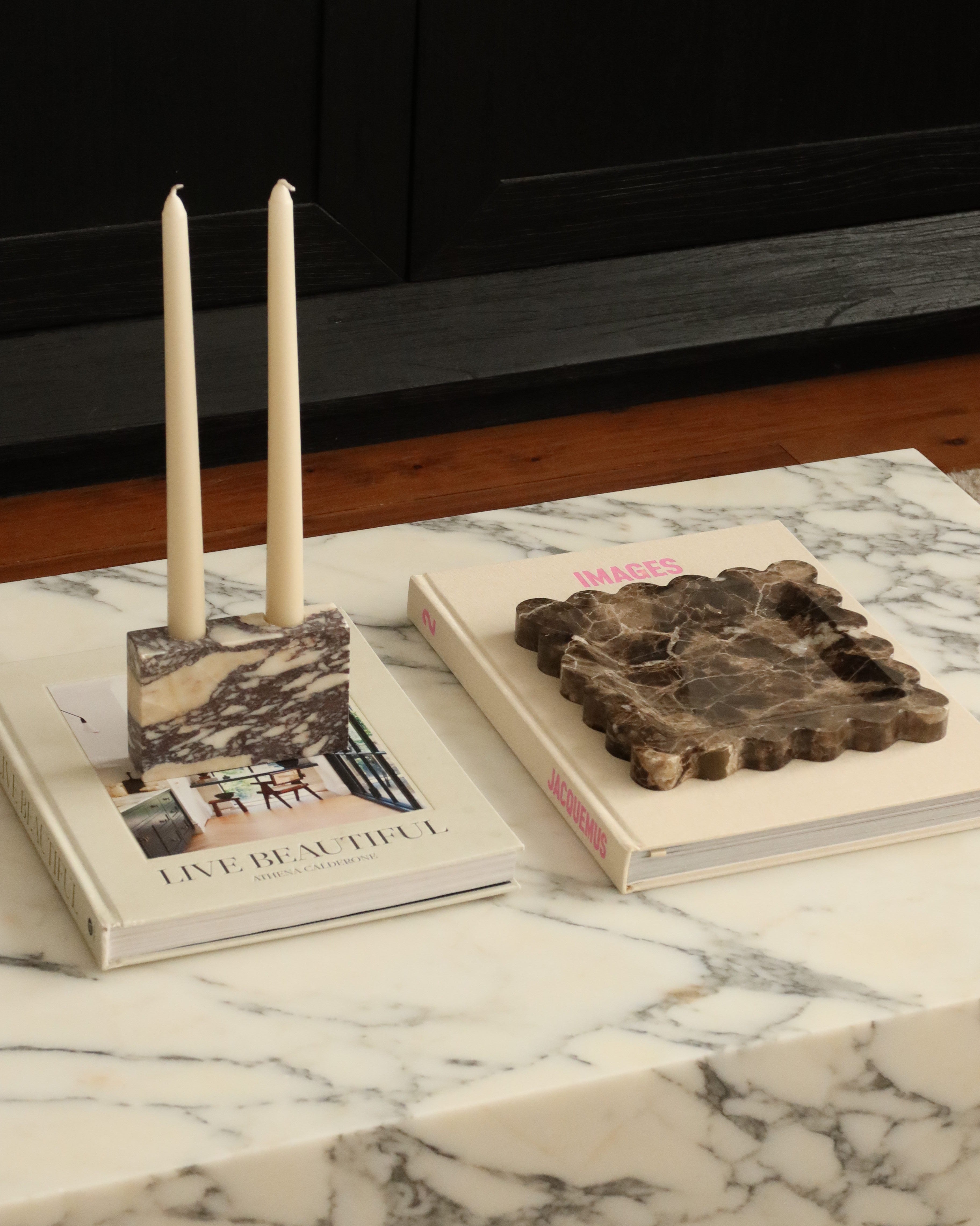 House of 9 Iris Scalloped Emperador Dark Brown Marble Tray and Zander Marble Candle Holder Calacatta Viola