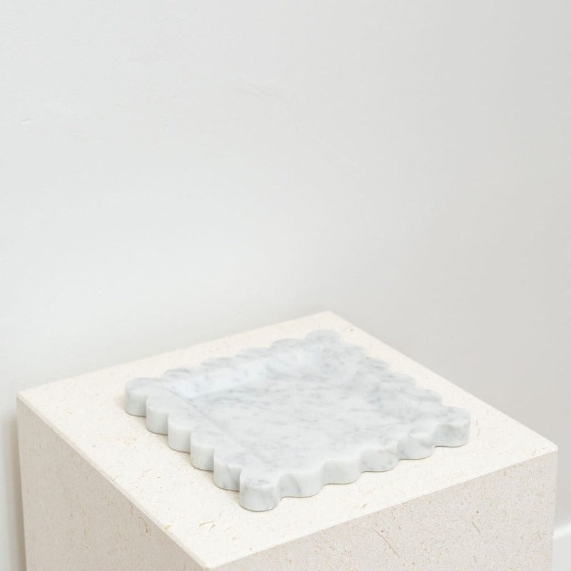 House of 9 Iris Scalloped Marble Square Decorative Tray Carrara White