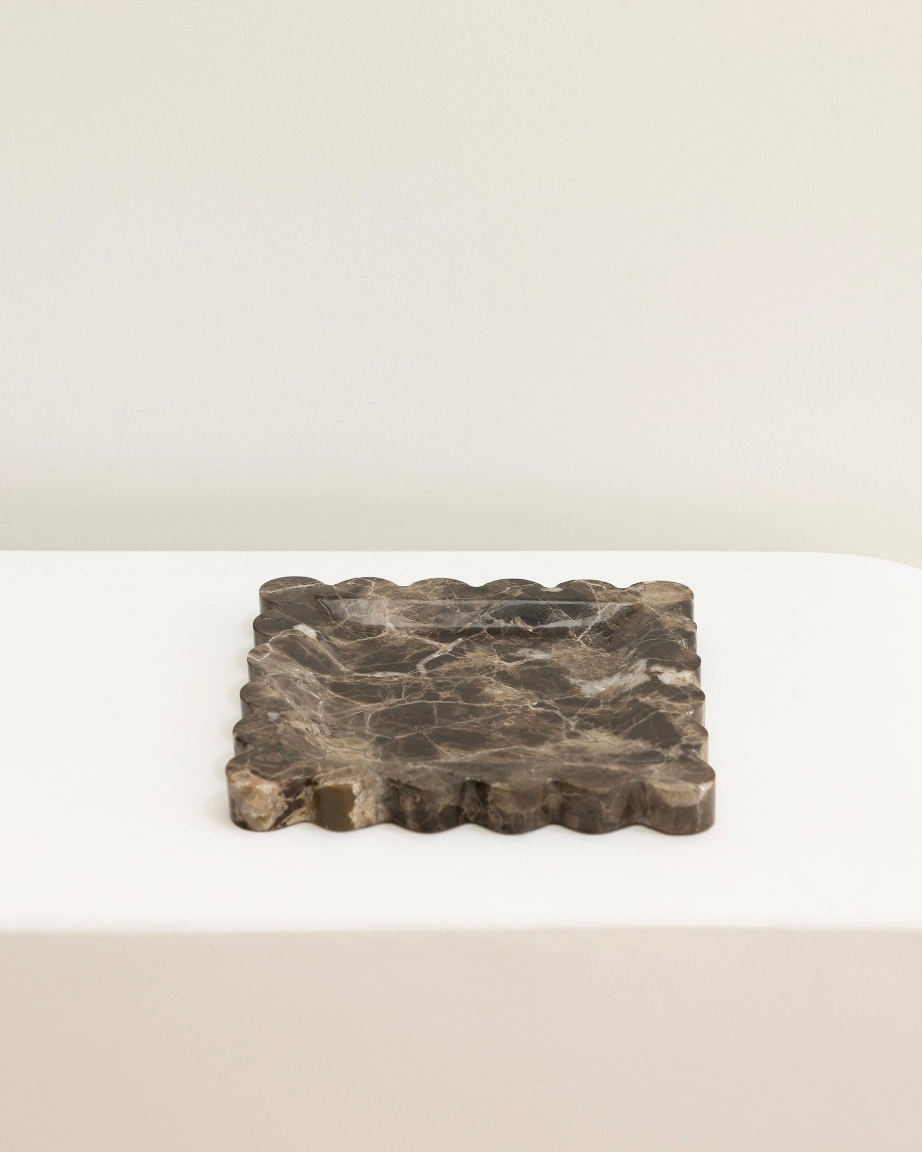 House of 9 Iris Scalloped Marble Square Decorative Tray emperador dark brown marble