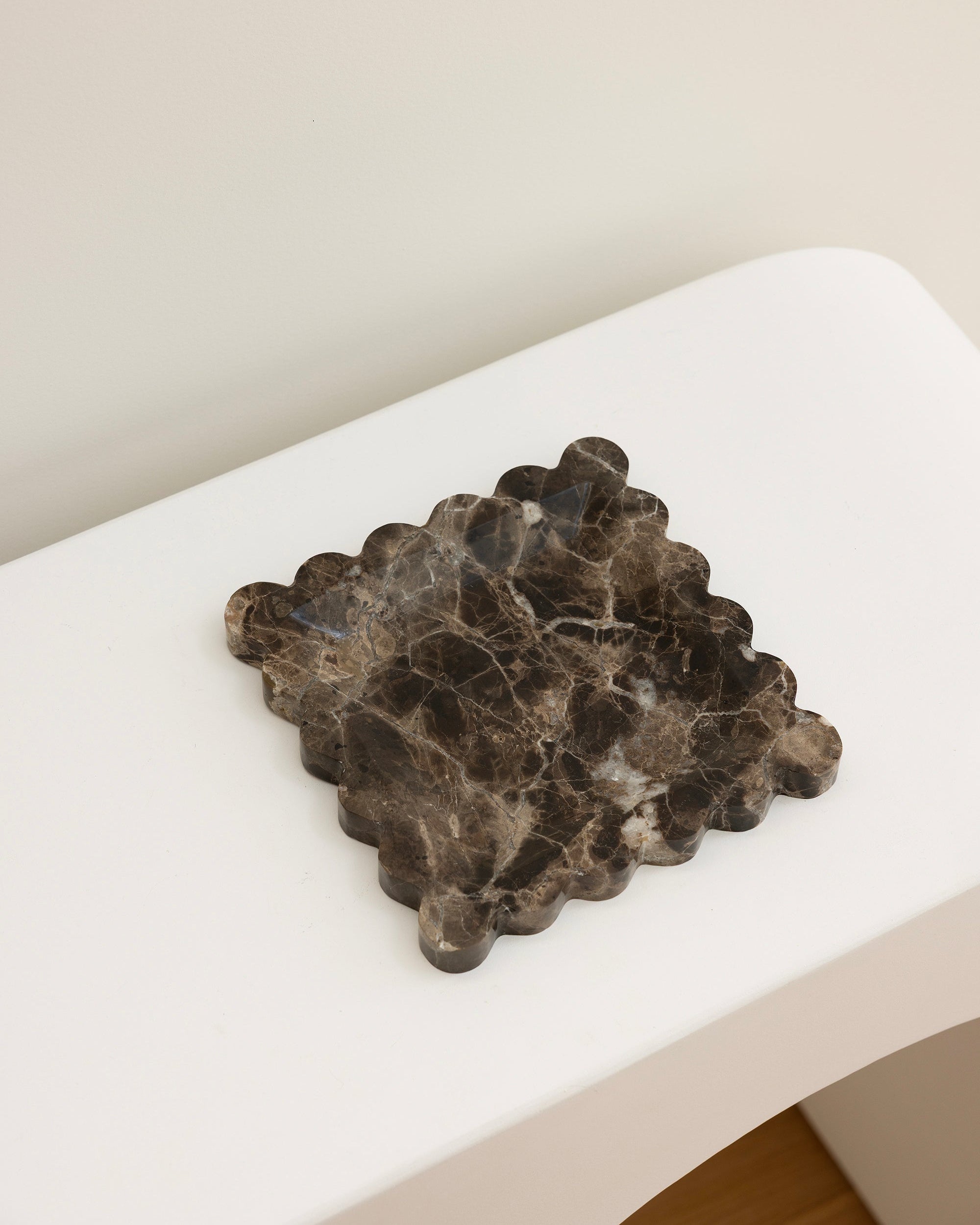 House of 9 Iris Scalloped Marble Square Decorative Tray emperador dark brown marble