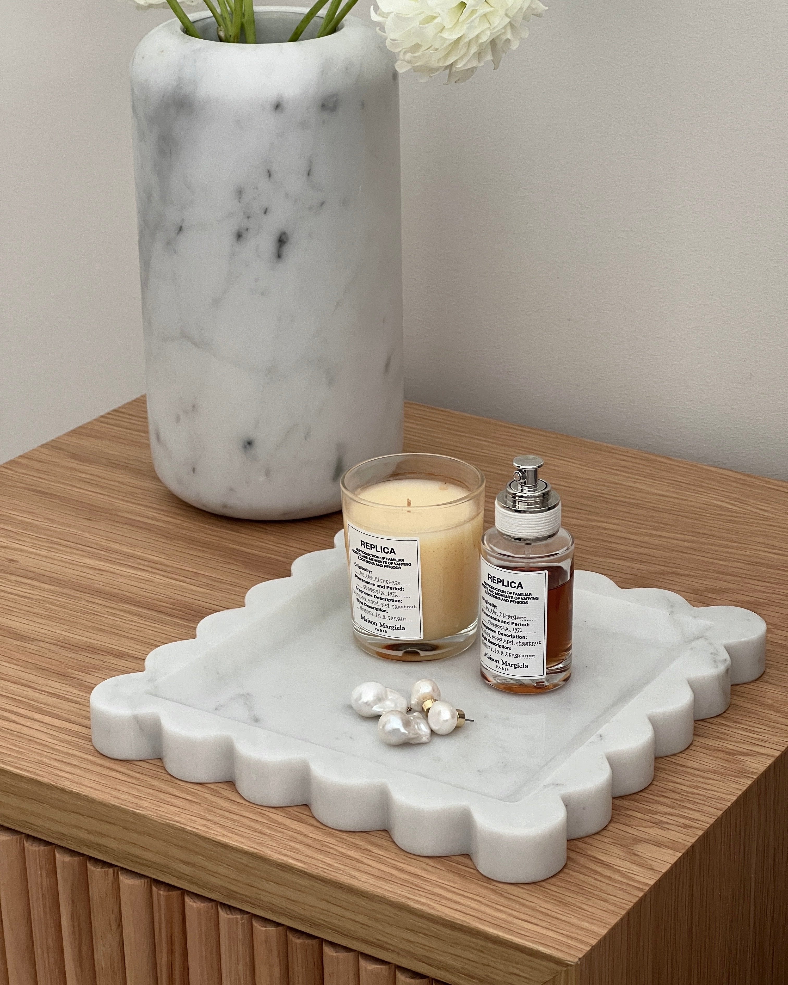 House of 9 Iris Scalloped Marble Square Decorative Tray Carrara White